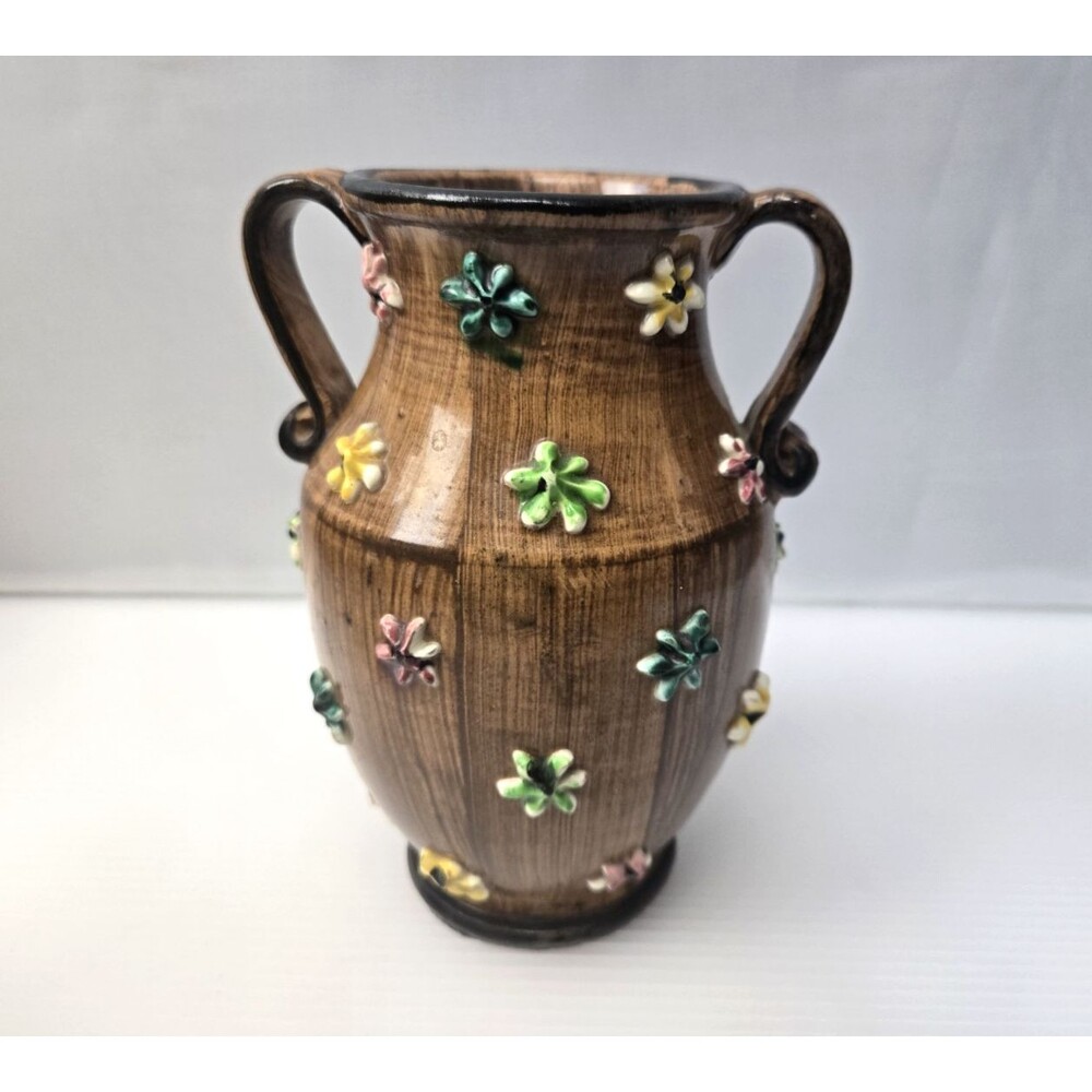 VTG MCM Italian Pottery Double Handled Vase Urn Applied Flowers Brown Ware 6.25"